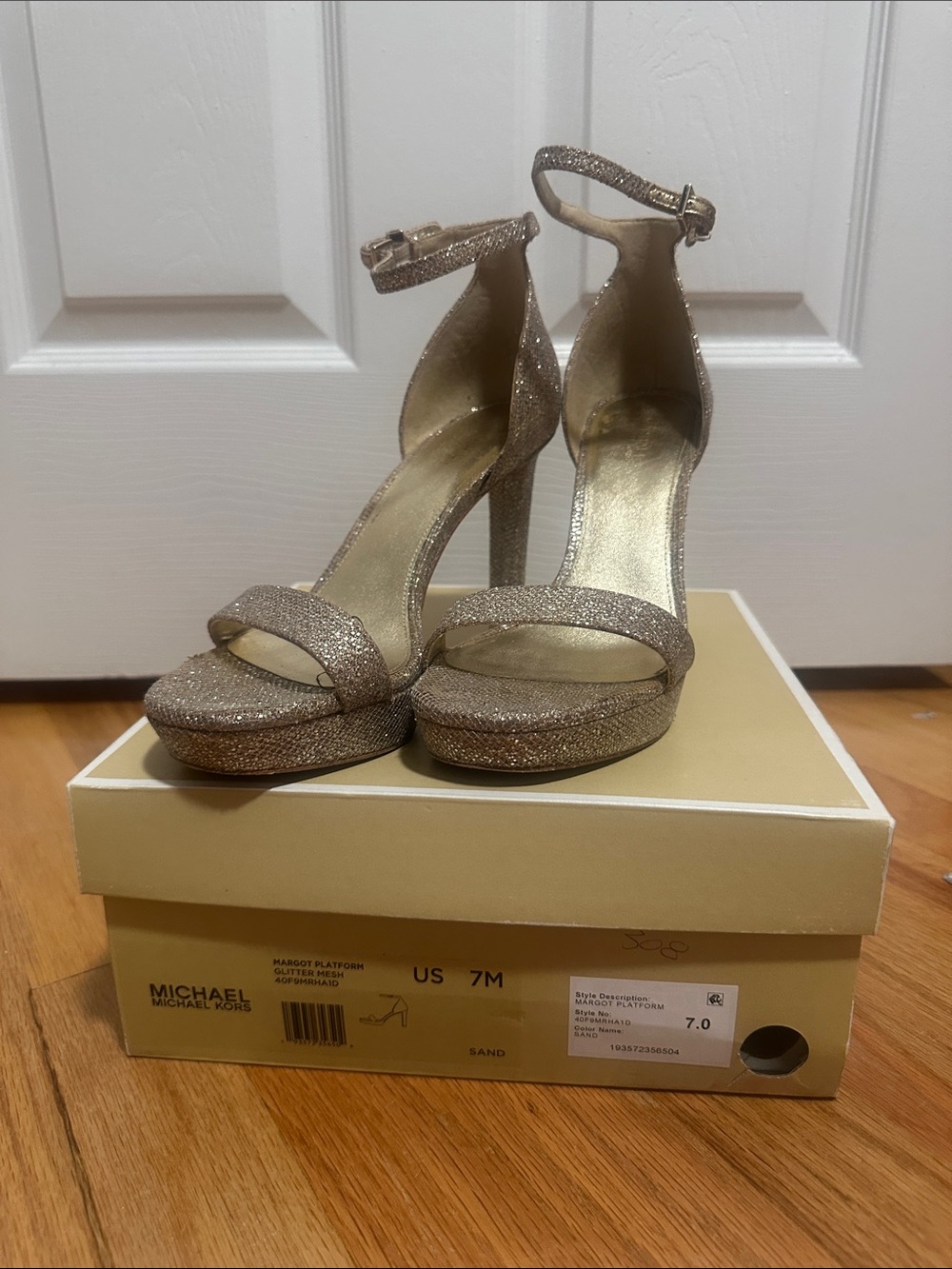 Michael Kors Glitter Sand Ankle-Strap Platform Heels
